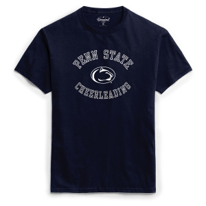 navy short sleeve t-shirt with Penn State Cheerleading arched above & below Athletic Logo